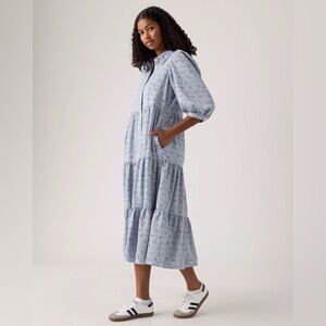 Levi's Cynthia Blue Floral Long Sleeve Midi Dress Cottagecore